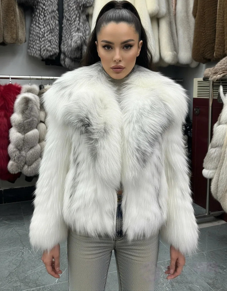 Lady's Natural Stripes Fox Fur Coat with Big Collar Spring Autumn Luxury Fashion Jacket