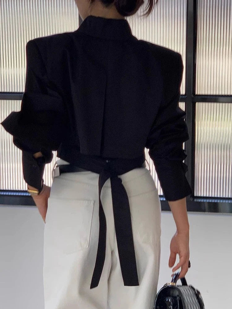 Zoki Korean Cropped White Shirts Women Back Lace Up Design Blouse Vintage Casual Long Sleeve Lady Elegant Hollow Out...