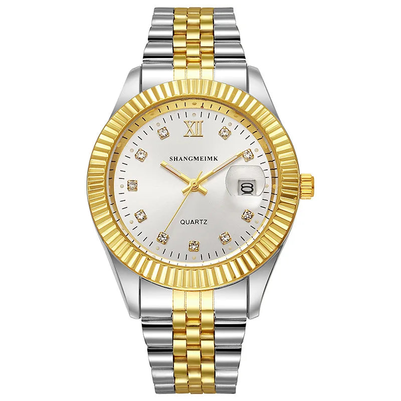 Mens Watch Gold Dial Multi Functional Quartz Movement Stainless Steel Waterproof Timing Men Business Watch Reloj Hombre