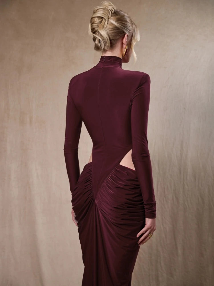 Sexy High Neck Waist Hollow Out Ruched Long Dresses for Women Long Sleeves Folds Bodycon Dress Evening Party Club Cocktail Gowns