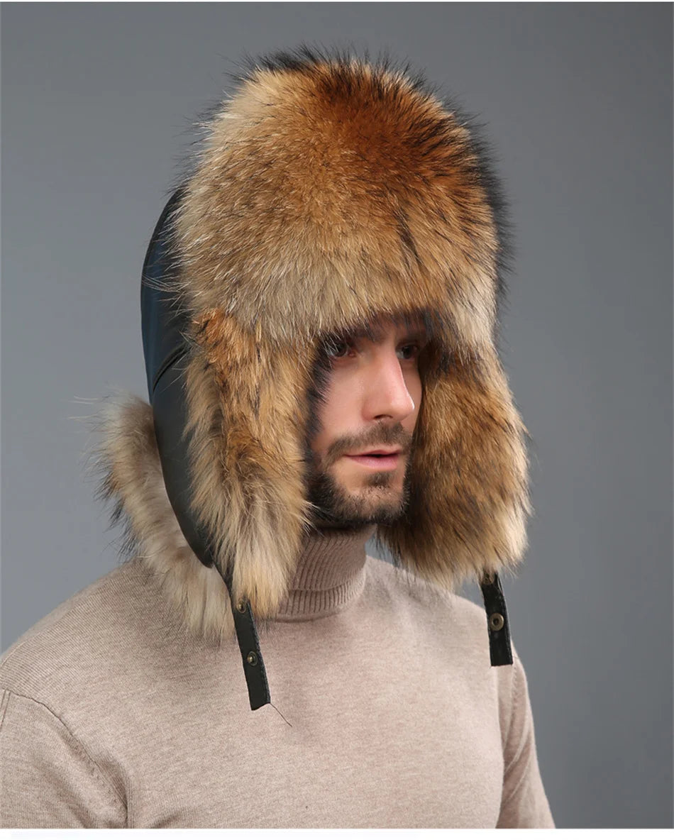 New Winter Men's 100% Real Silver Fox Fur Bomber Hat Raccoon Fur Ushanka Cap Trapper Russian Man Ski Hats Caps Real Leather Hat