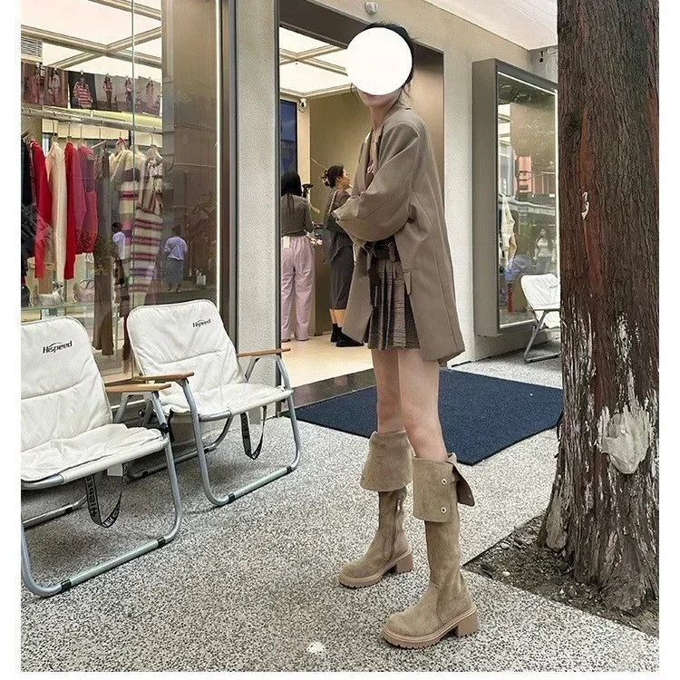 Over The Knee Cowboy Boots Women Designer Winter Platform Shoes Fashion Fur Suede Wedges Thigh High Boots Motorcycle Shoes 2024