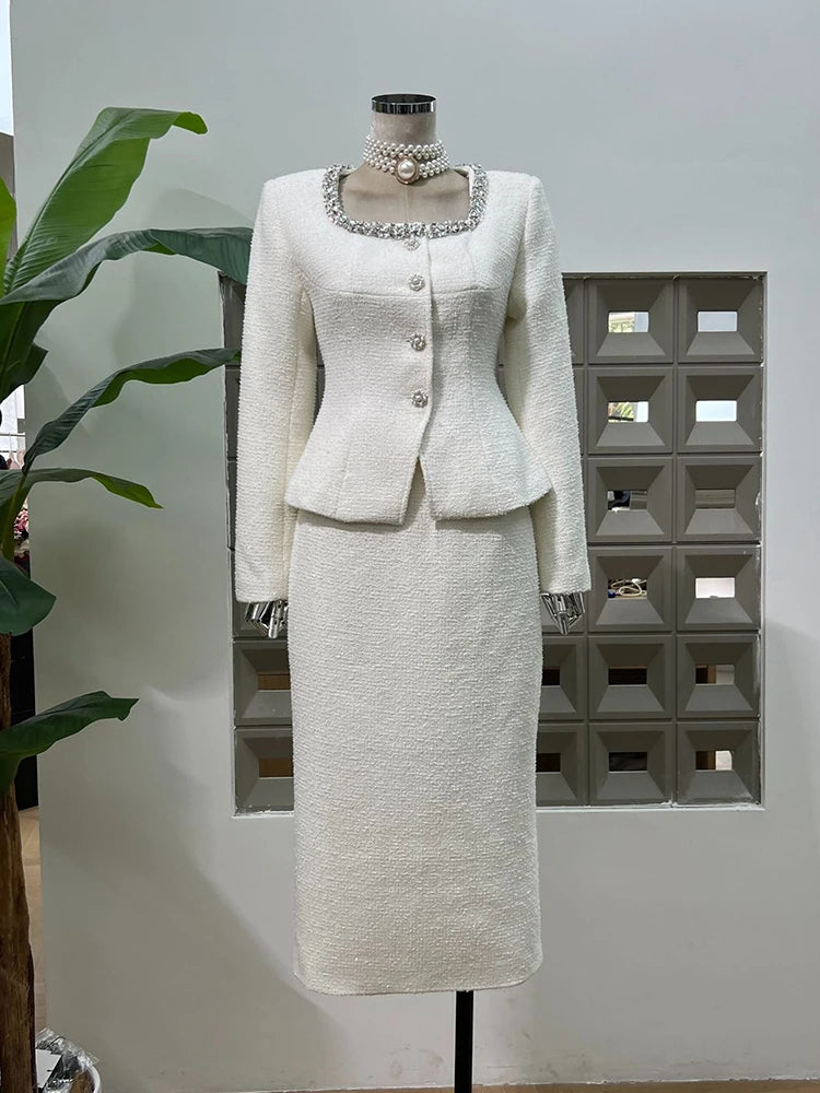 IEQJ Fashion Black 2 Piece Set Women Square Collar Diamonds Inlaid Short Jacket High Waist Skirt Suit Autumn New 3A556