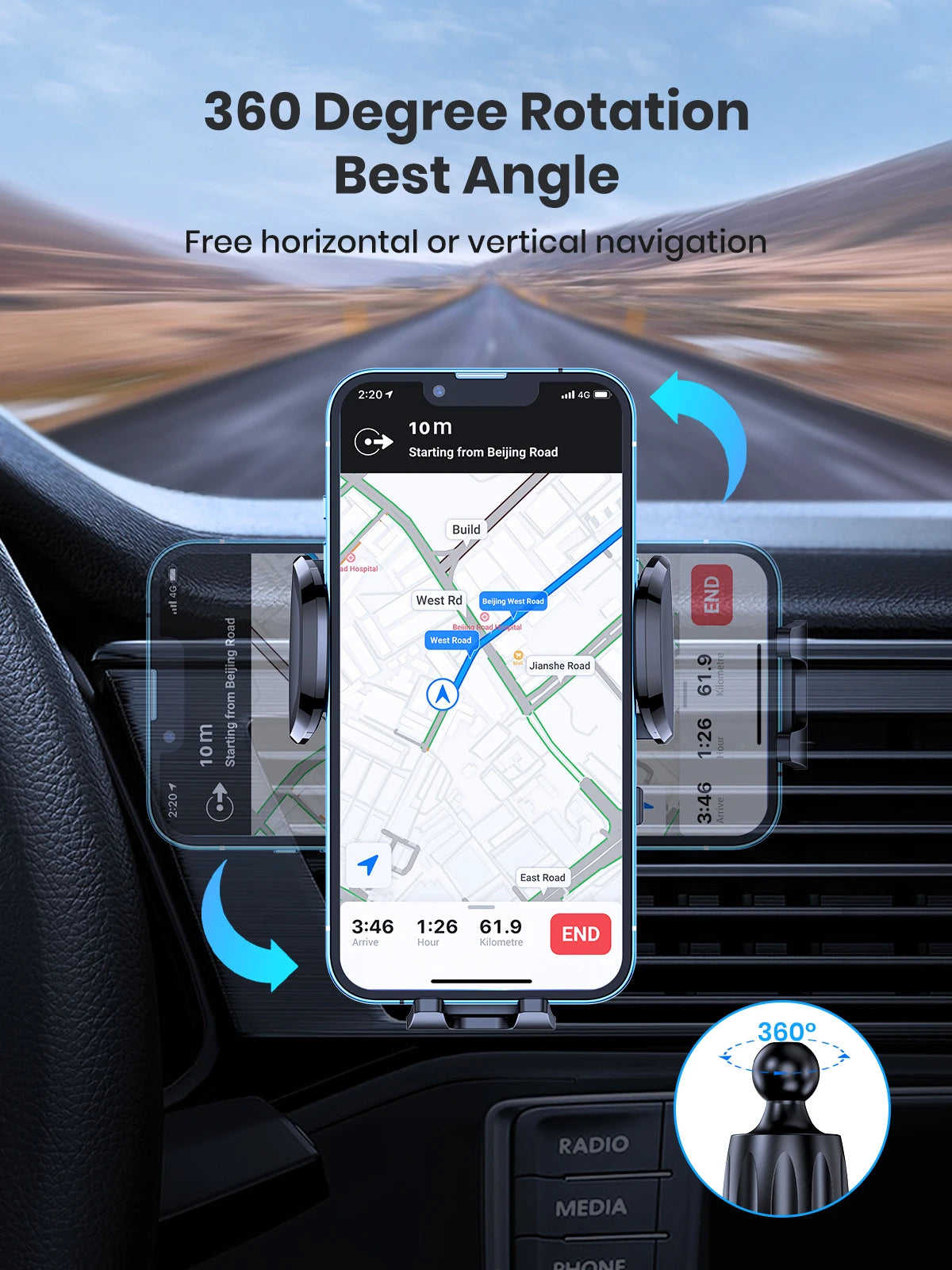 TOPK D36-G Universal Car Phone Holder with Hook Clip Air Vent Car Mount 360° Rotation Universal Mobile Phone Mount for...