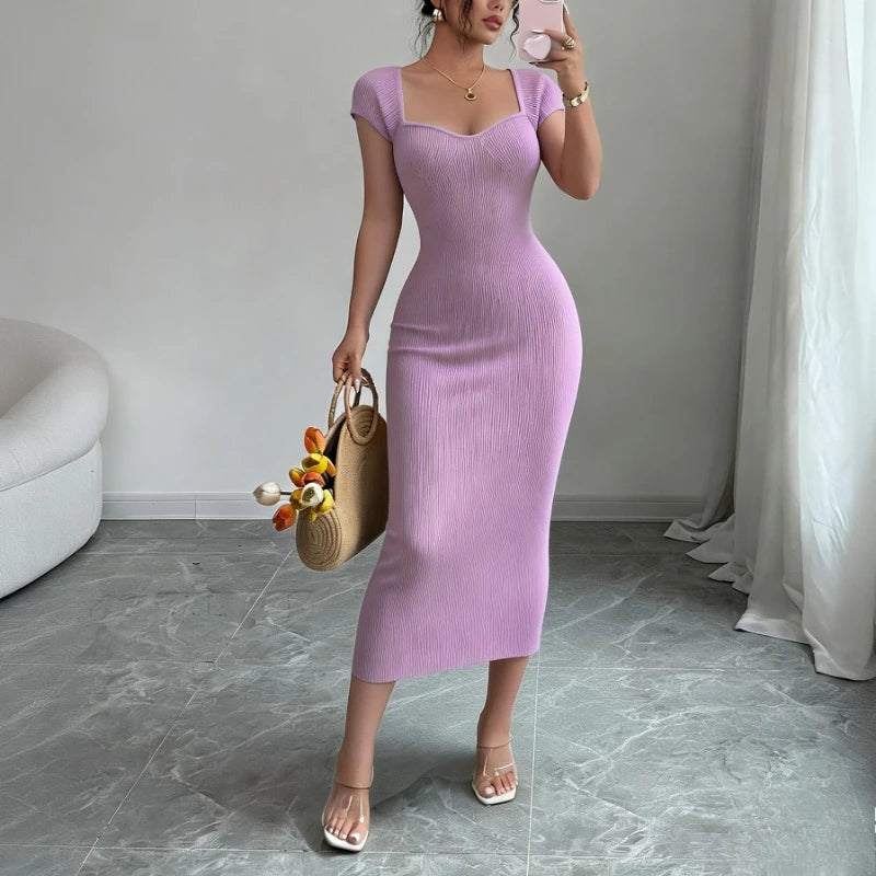 Women's Purple Sweetheart Neck Short Sleeve Stretchy Ribbed Knit Bodycon Midi Dress Summer Beach Vacation Party Long Dress - Kimlud