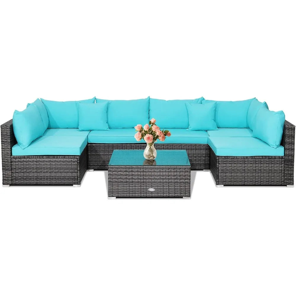 7 Pieces Patio Furniture Set, Patiojoy All-Weather Outdoor Rattan Sectional Sofa Set with Cushions and Tempered Glass Coffee Ta - Kimlud