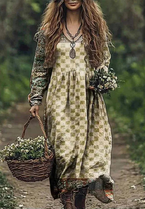 Boho Vintage Print Long Dresses For Women 2025 Casual V Neck Full Sleeve Splice High Waist Loose Dress Autumn Fashion Vestidos - Kimlud