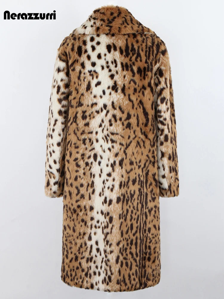 Nerazzurri Winter Long Loose Luxury Thick Warm Soft Fluffy Leopard Print Faux Fur Coat Women Lapel Runway European Fashion 2022