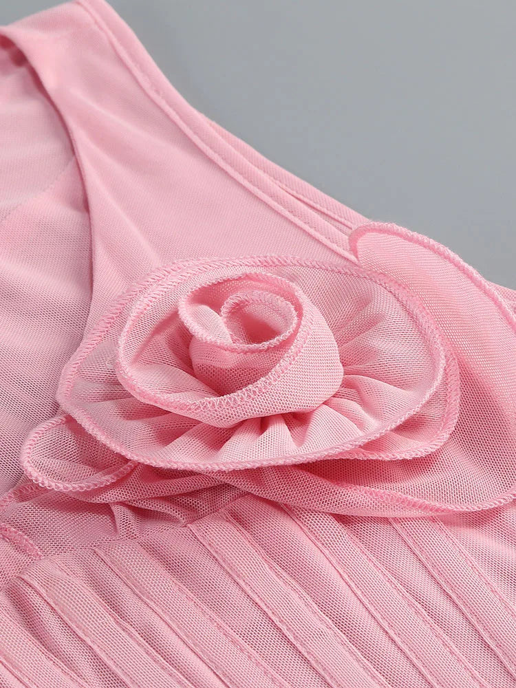 Sexy V Neck Corsets Floral Mesh Midi Dress Women Pink Sleeveless 3D Flowers Slim Dresses Elegant Summer Evening Club...