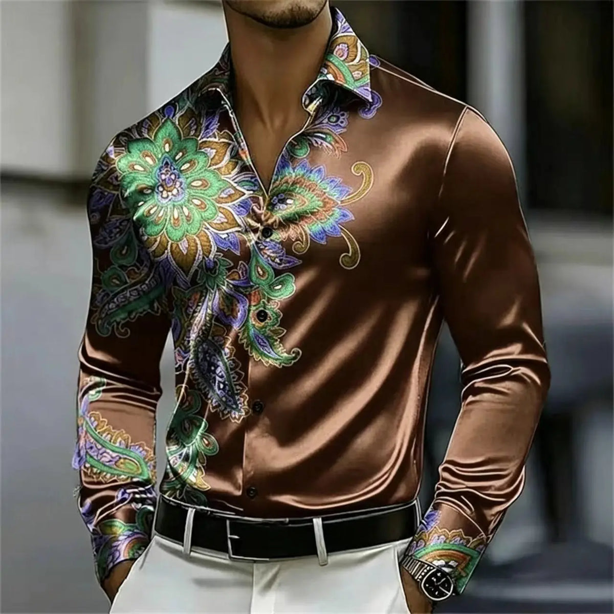 Men's Satin Paisley Printed Shirt Luxury Glossy Long Sleeve Casual Button Down Dress Shirts Nightclub Party Wear