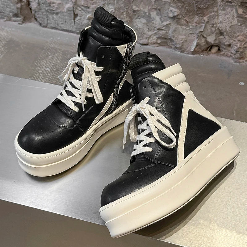 Men Black White High Top Board Shoes Side Zipper Height Increase Anti Slip Wear-resistant Comfortable Fashionable Boots
