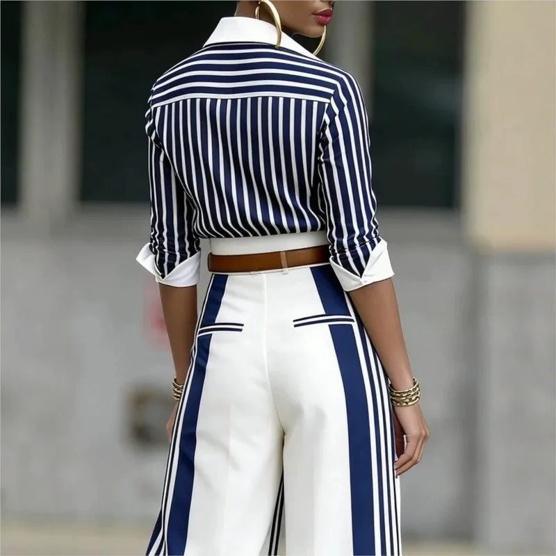 Women Fashion Striped Printed Shirt Two Piece Sets Autumn Lapel Single-Breasted Long Sleeve Shirt Top + Wide Leg Pants Outfit