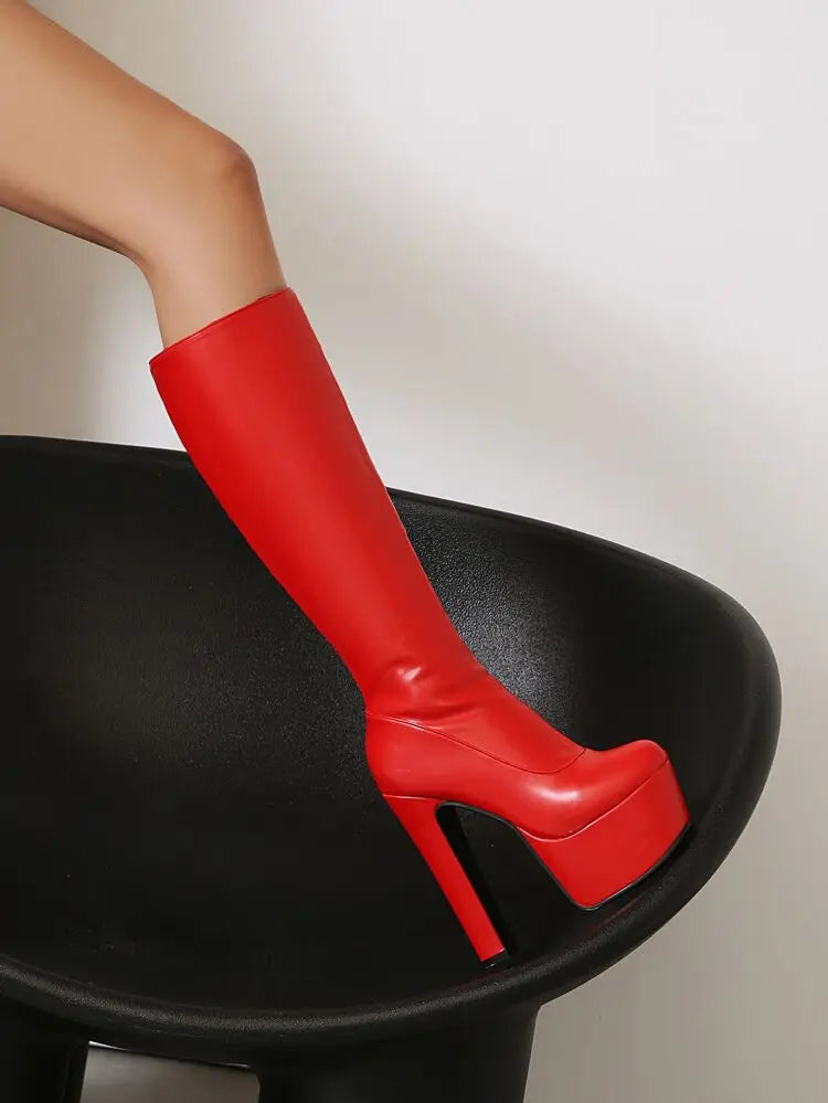 Black Red White Women Knee High Boots Platform Thick High Heel Ladies Calf Boots PU Leather Square Toe Side Zipper Dress Shoes