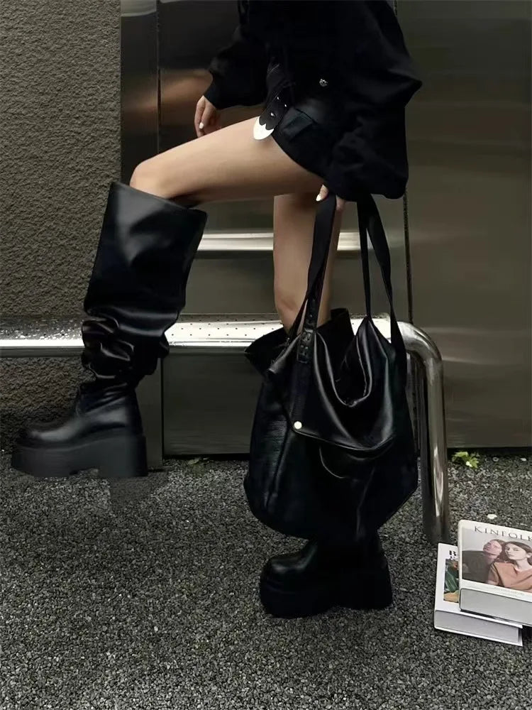Women Platform Knee High Boots Fashion Pleated Round Toe Square Heel Leather Boots Black Party Dress Women Shoes Large Size35-40