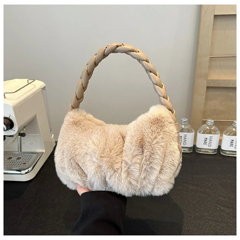 Elegant Furry Shoulder Bag Fluffy Soft Plush Handbag Solid Color Zipper Tote Bag