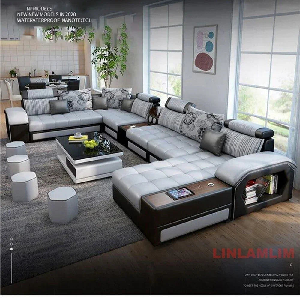 Linlamlim U-Shaped Sectional Fabric Sofa Set - Modern Living Room Furniture with Storage, Built-in Side Table, USB, and...