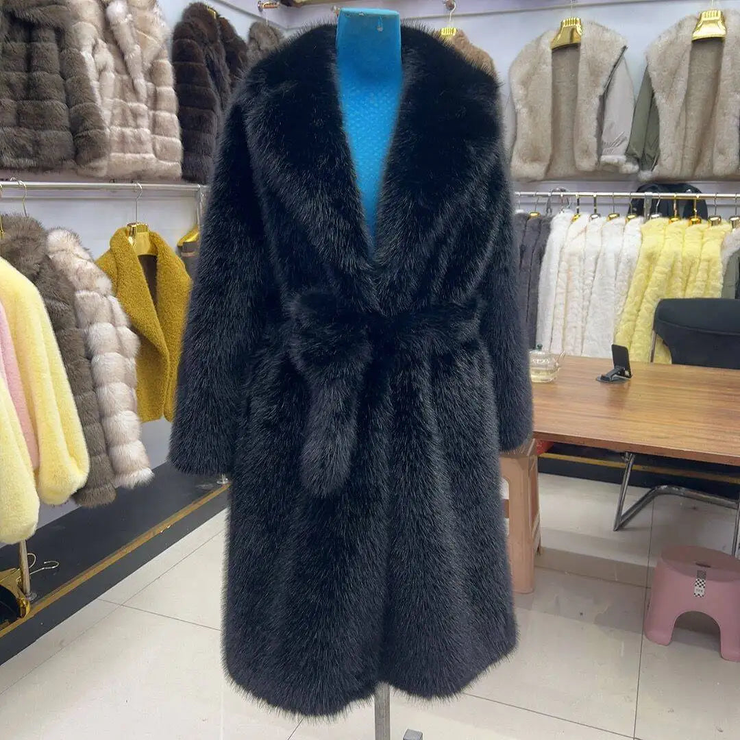 LHXDW New Style Women's Faux Fur Coat Long Waistband Design New Style with Black Imprint and Large Collar Faux Fur Jacket - Kimlud
