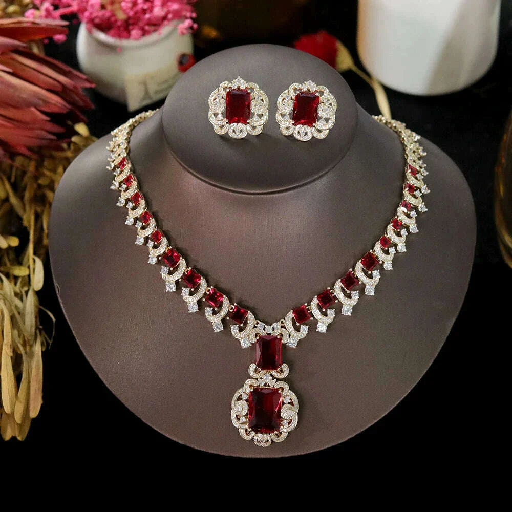 ASNORA New European and American Banquet Jewelry,  Heart Earrings Necklace Set Women's Red Zircon Square Pendant