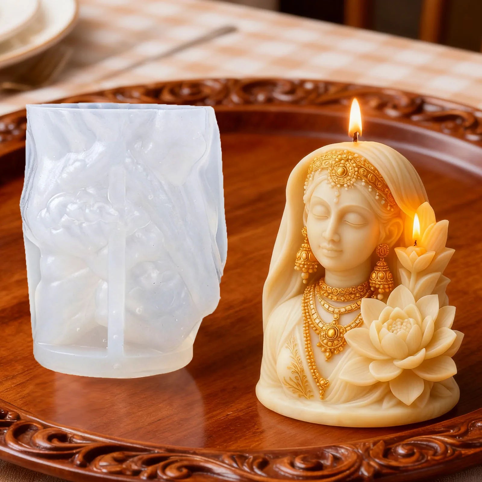 Lotus Goddess 3D Silicone Candle Mold: Flexible, non-stick, easy to demold, reusable, and with clear details.