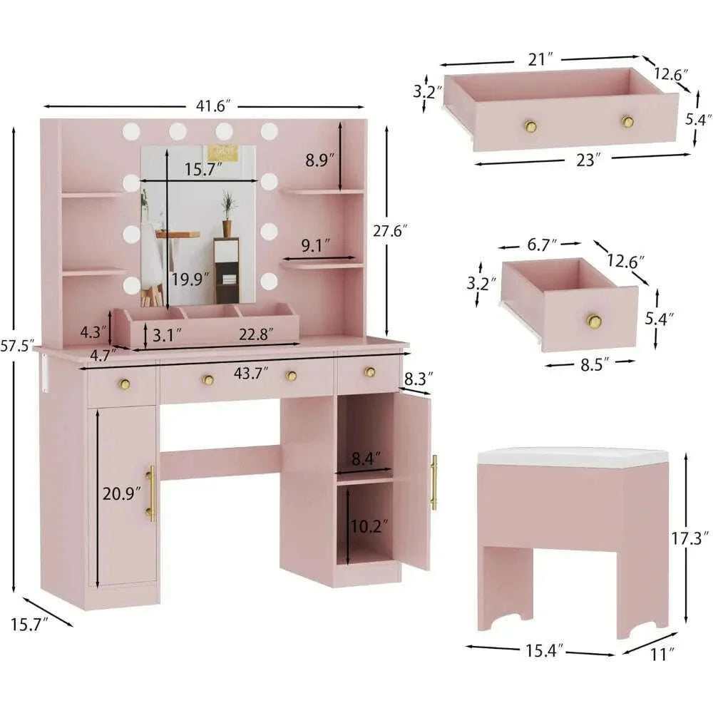 Vanity Desk with Mirror and Lights,Pink Makeup Vanity with Charging Station & Vanity Stool, 3 Drawers and Cabinets White Vanity
