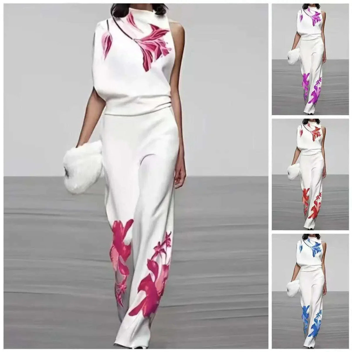 Spring Summer Fashion Printed Set For Women's Casual Sleeveless Shirt Top + Wide-leg Trousers 2-piece Suit Office Women Outfit