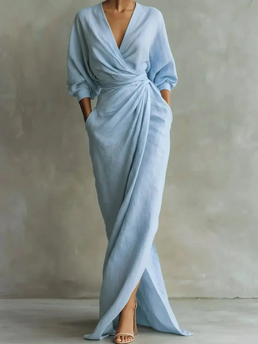 Women's Sexy Neck Waist Wrapped Robe 2026 Spring Casual Solid Color Fit Tight Dress Elegant Long Sleeved Slit Super Long...