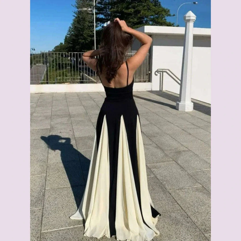 Elegant Black White Dress Color Clash Women Halter Backless Dresses Sleeveless High Waist Floor Length Dresses Party Gowns