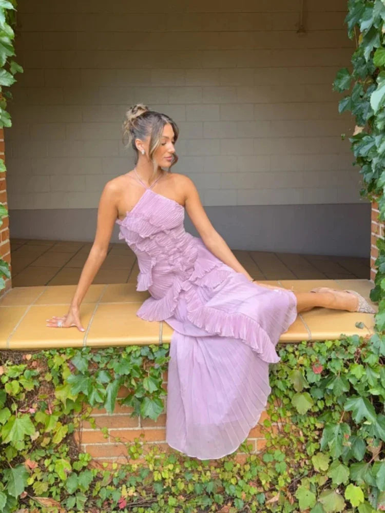 Sexy Halter Neck Pleated Ruffled Long Dress Women Pink Sleeveless Backless Lace-up Folds Slim Dresses Evening Party Gowns