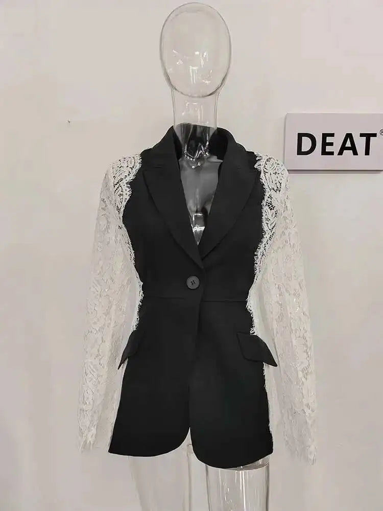 DEAT Fashion Women's Blazer New Fashion Notched Lace Patchwork Long Sleeve Contrast Suit Jackets Female Spring 2025 17A1298