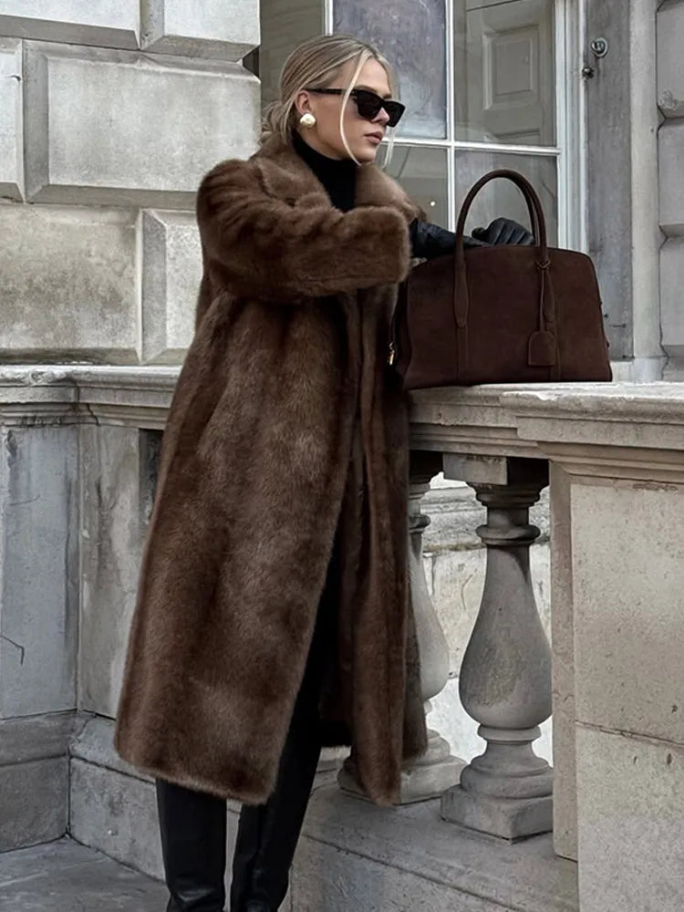 Women Brown Faux Fur Coat Shawl Collar Solid Full Loose Outerwears 2025 New Winter Fashion Street Commute Evening Event Lady Top