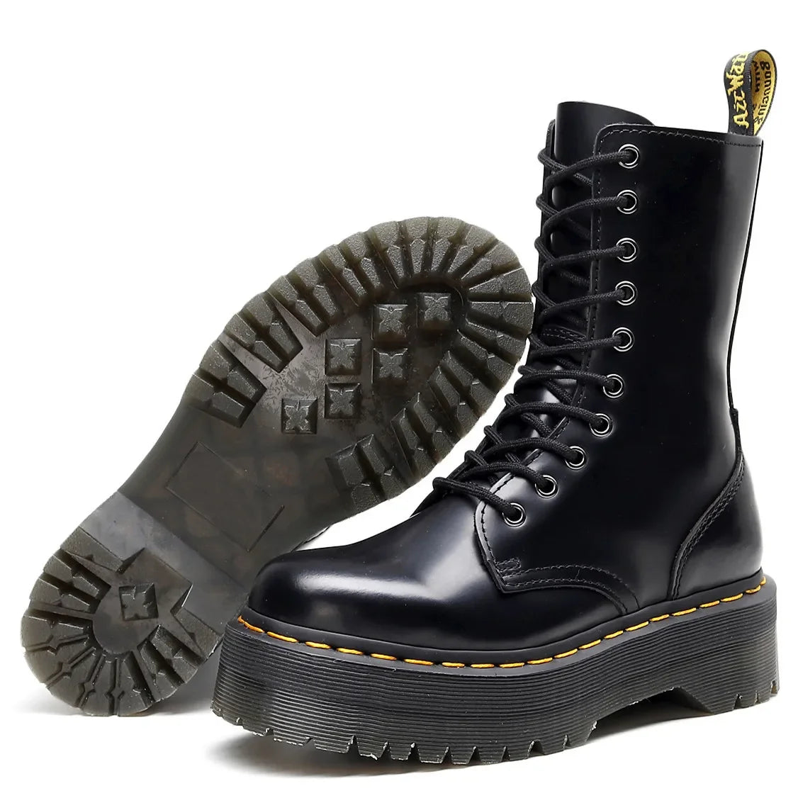 Women's Motorcycle Boots 10 Holes Thick Bottom Side Zipper British Style Long Booties Flatform Work Boots round Toe Mid Heel