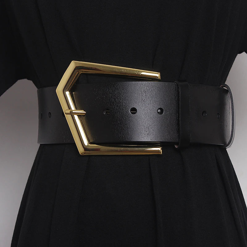 Women's Runway Fashion Gold Buckle Genuine Leather Cummerbunds Female Dress Corsets Waistband Belts Decoration Wide Belt R1108