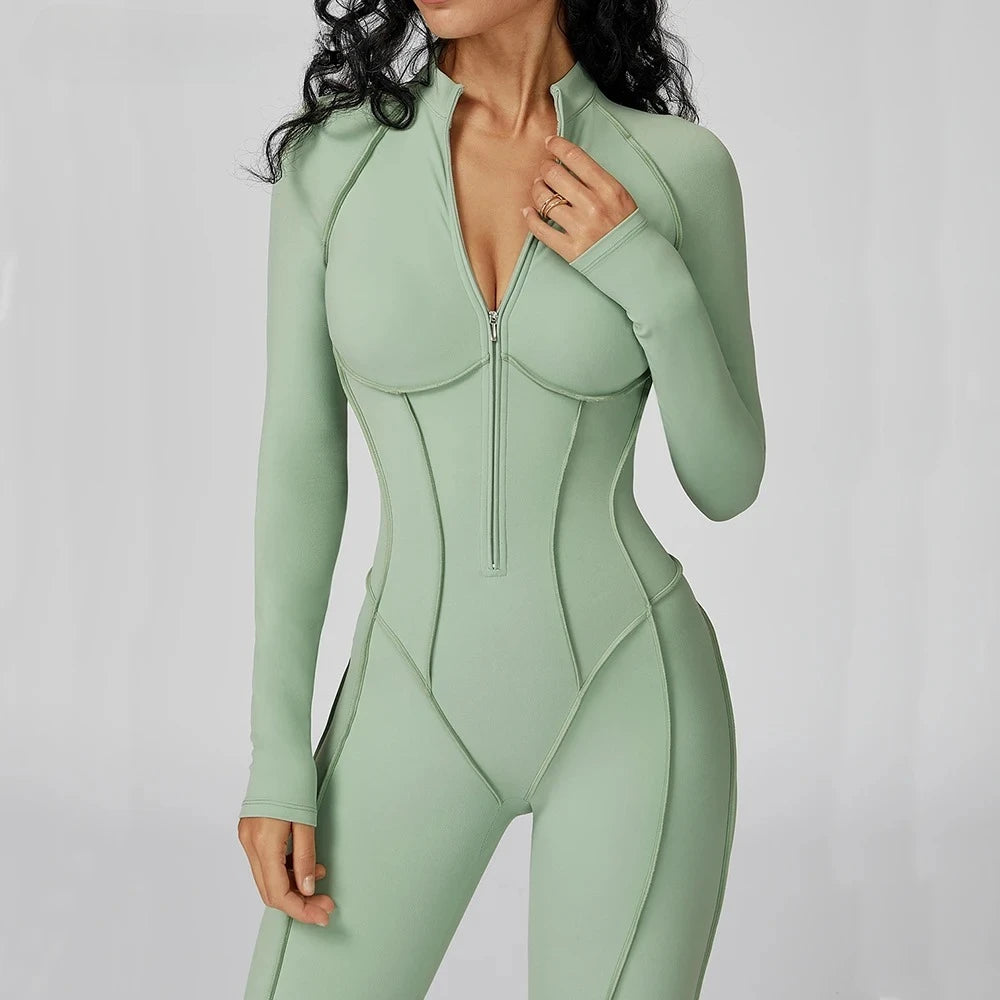 Sexy Rompers Workout Zipper Jumpsuit Long Sleeve Sports Bodysuits Women Gym Running Fitness Suits One-piece Tracksuit Sportswear - Kimlud