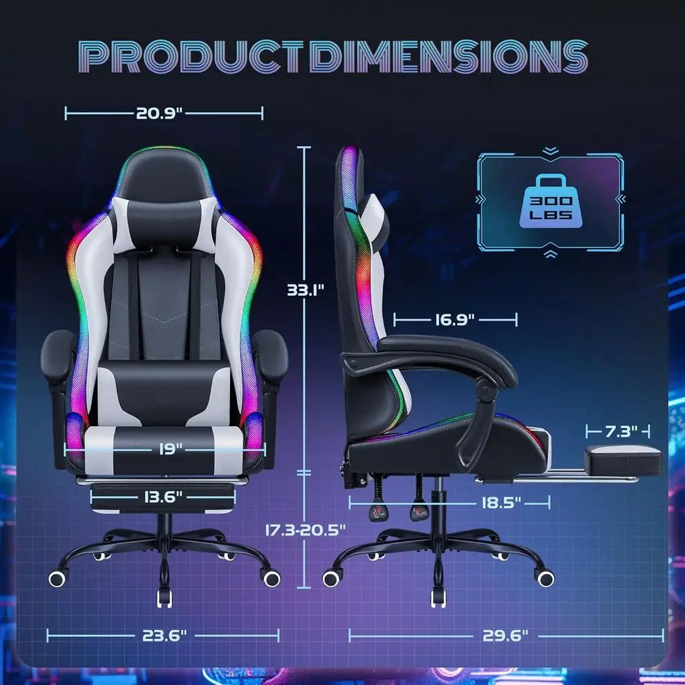 Illuminated RGB Gaming Chair with Footrest, Massage, Lumbar Support, and High-Back Recline (White LED)