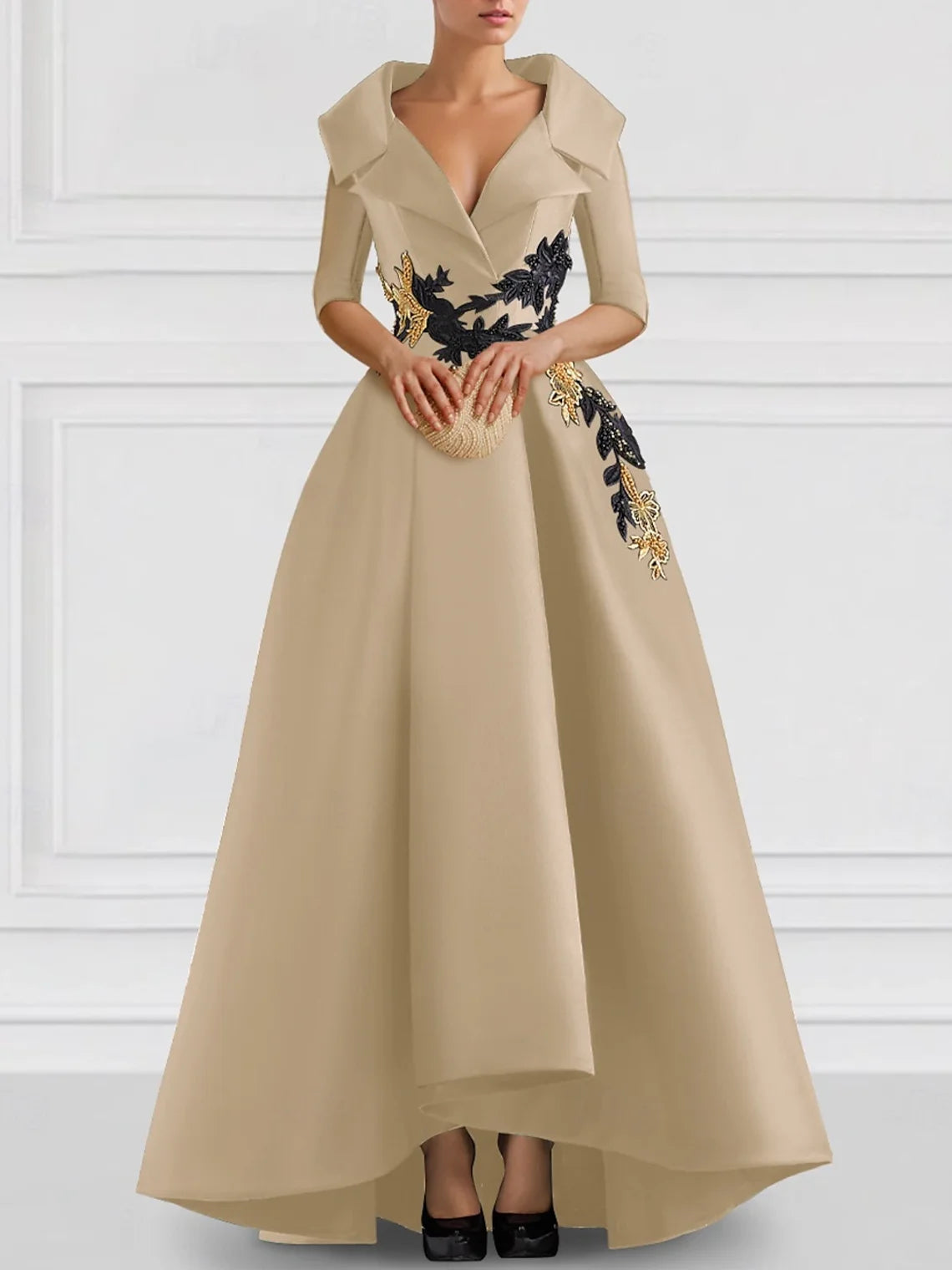 Black A-Line Evening Gowns Vintage Embroidered Elegant Dress Formal V Neck Pocket Satin Beading Appliques 2025 free customized