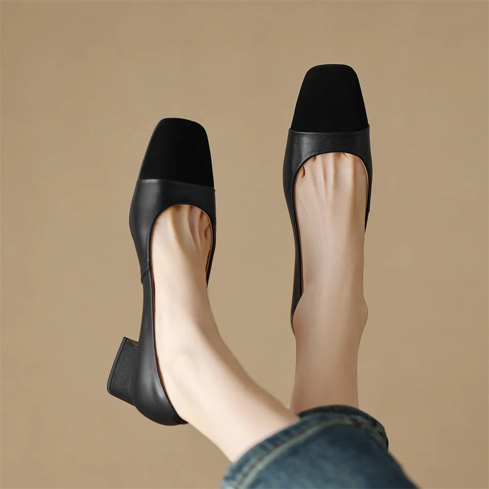 danxuefei plus size 34-42 women's genuine leather square toe slip-on pumps OL style elegant ladies 5cm thick low heel shoes sale - Kimlud