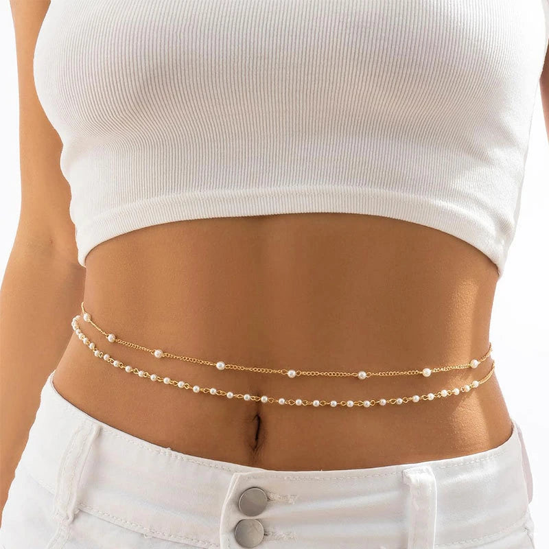 Fashionable Double Layer Imitation Pearl Chain Waist Chain for Women Minimalist Sexy Sequin Link Chain Belly Chain Beach Jewelry - Kimlud