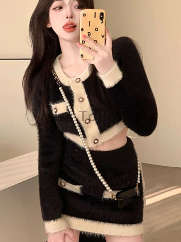 Winter Fluffy Knit 2 Piece Set Women Patchwork French Vintage Mini Skirt Suit Female Korean Fashion Elegant Office Lady Set 2024