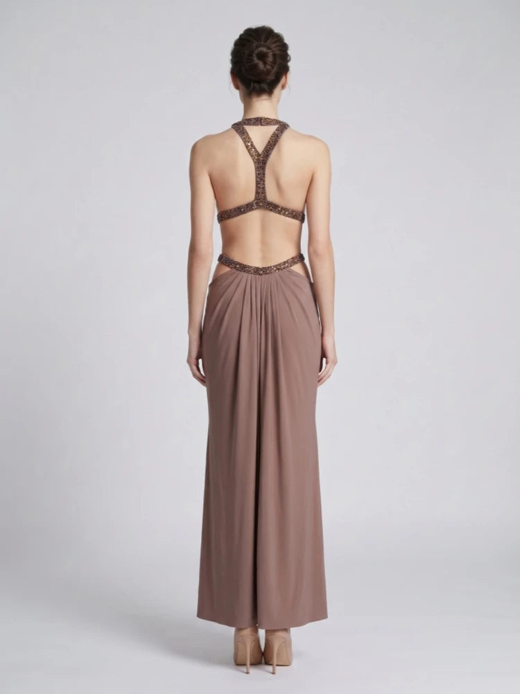 Sexy Straps Halter Neck Diamonds Cut Out Long Dress Women Browns Sleeveless Backless Slim Dresses Evening Party Cocktail Gowns