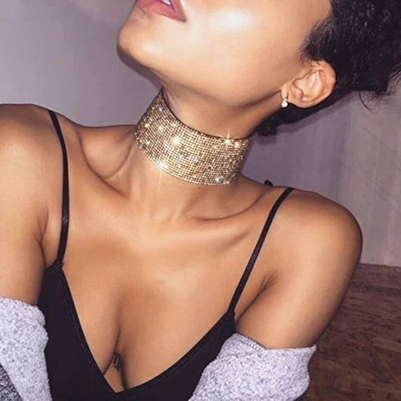 FestivalQueen Luxury Glitter Rhinestones Choker for Ladies Wide Collar Chain Celebrity Jewelry Gifts Bar Night Club 2024