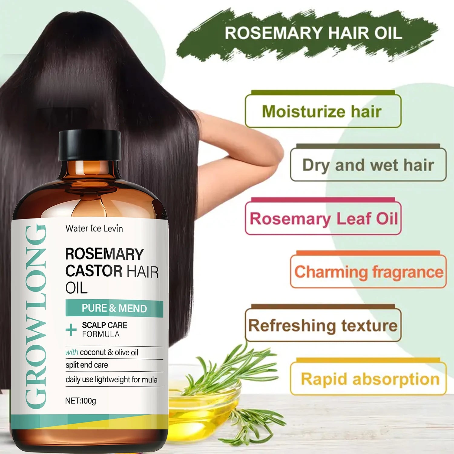 Rosemary Castor Hair Oil - Scalp Care & Split End Repair, Coconut Olive Oil Lightweight Blend, Winter Therapy | Kimlud...