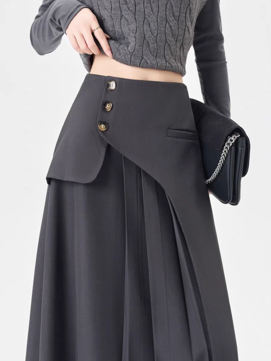 Grey Suiting Midi Skirts for Women High-Waisted A-Line Flare Skirt Perfect Hip-Camouflage Office Skirt for Autumn |...