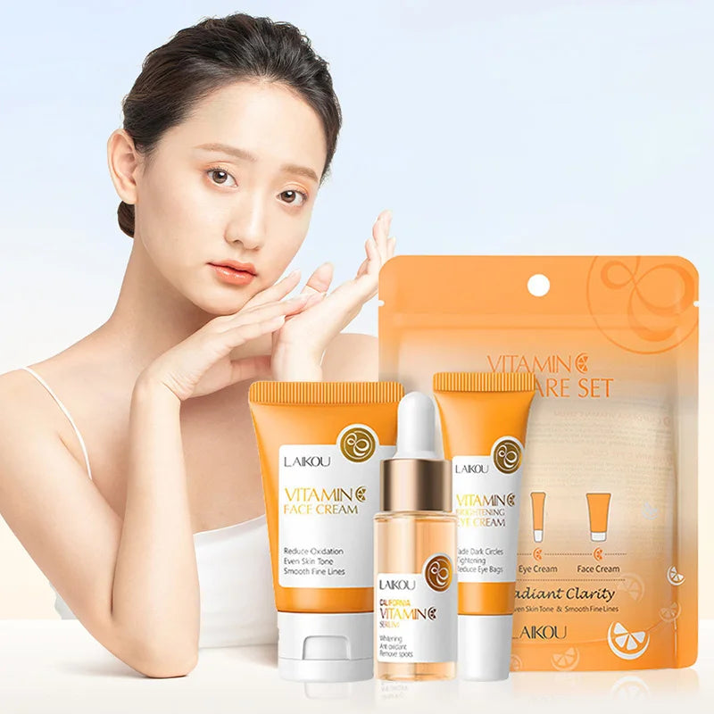 LAIKOU Vitamin C Skin Care Sets 3pcs Face Cream Serum Eye Cream Moisturizing Anti Wrinkles Facial Care Kit | Kimlud Mid...
