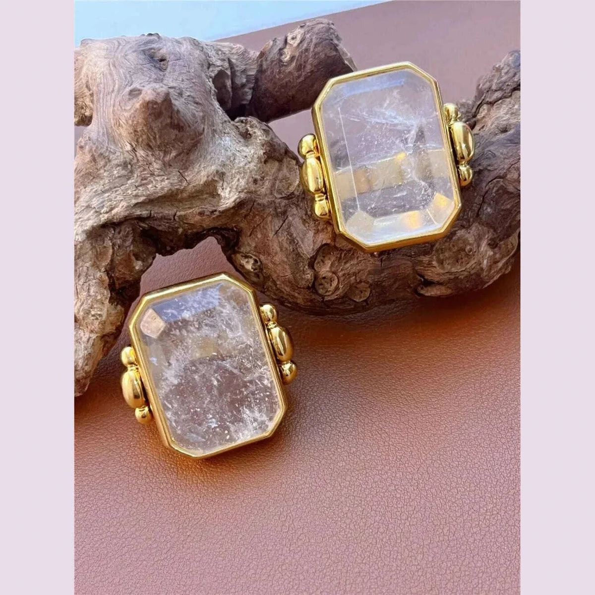 Fashion Square Natural Stone Crystal Ring Gold Color Metal for Women Brass Jewelry 2024 Light Luxury European And American
