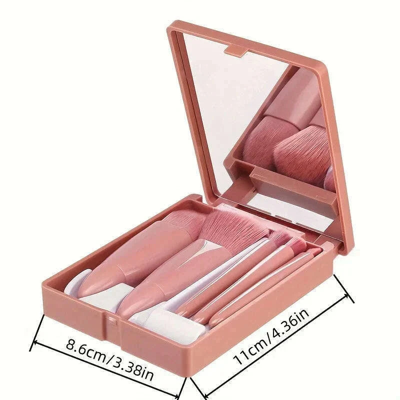 5Pcs Portable Makeup Brush Set With Mirror -  Foldable Travel Kit ,Mini Makeup Brush Set Travel Makeup Brush Set
