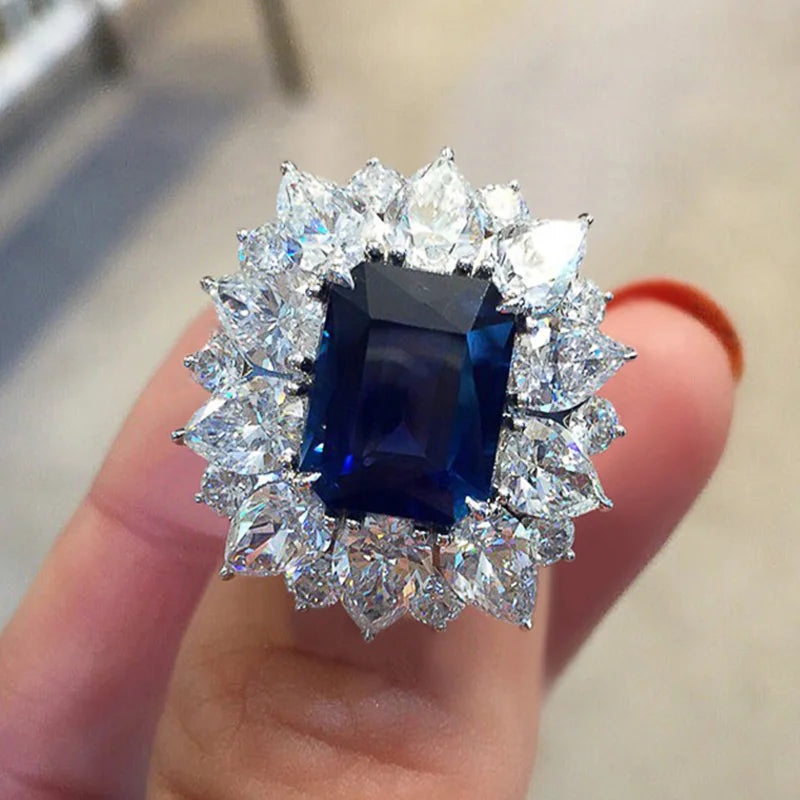 CAOSHI Luxury Blue Crystal Stone Rings with Tiny Flower Cubic Zirconia Pretty Women's Jewelry Elegant Engagement Accessories