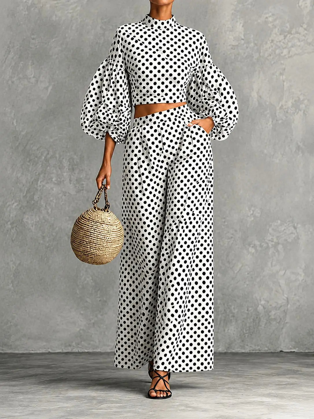 Loose Polka-dot Trousers Suit Autumn Winter Elegant Street Style Lantern Sleeve Long-sleeved Top Wide-leg Trousers Two-piece Set