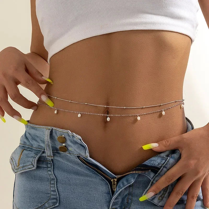 New Fashion Sexy Double Layer Pearl Chain for Women Waist Bead Belly Chain Belly Belt Summer Beach Body Jewelry Festival Gifts - Kimlud