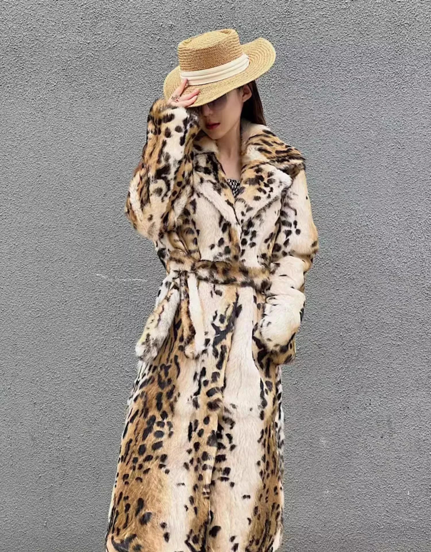 Real genuine natural rabbit fur coat women's long fashion English collar jacket outwear custom any size