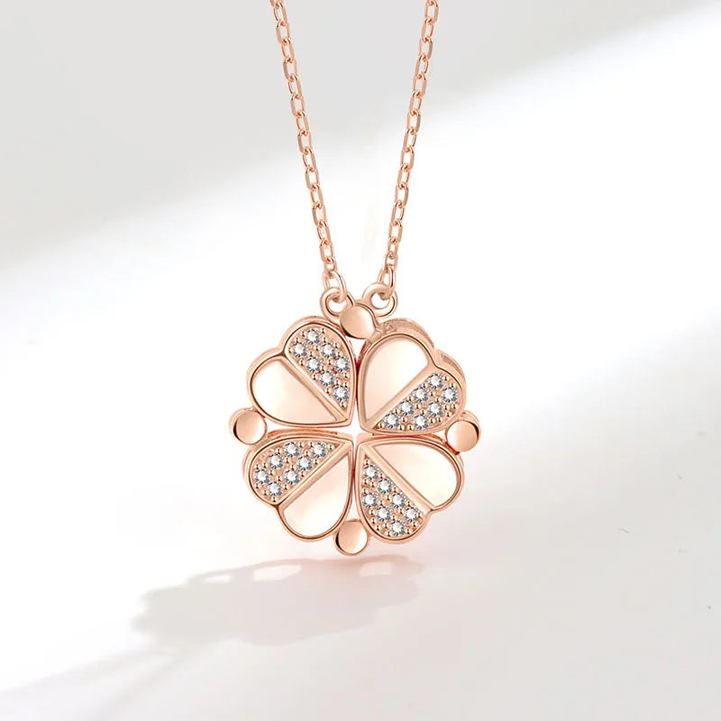 KOFSAC Luxurious Two In One Love Heart Four Leaf Clover Necklace 925 Silver Jewelry Zircon Lucky Grass Fashion Women Girl Gifts
